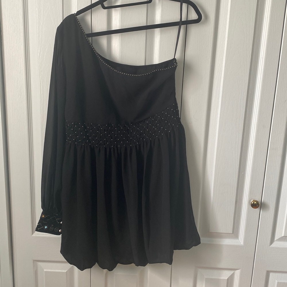 New one shoulder short black dress with gold embellishments - size 14